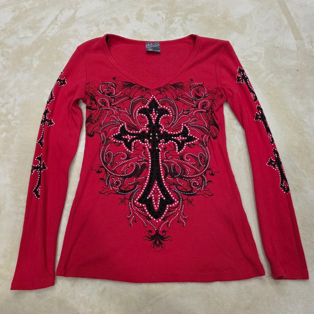 Vocal Women's L Top Red Rhinestone Gothic Y2K Cross Graphic Shirt Long Sleeve